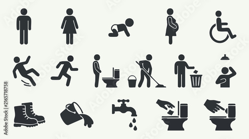 Set of black pictograms and icons for public signs and facilities