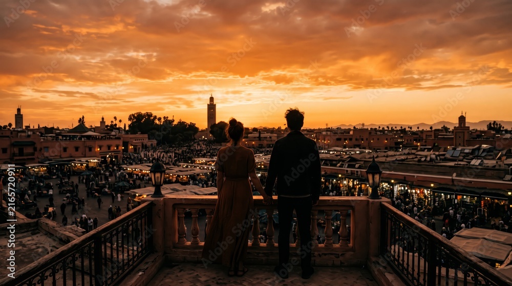 Obraz premium A couple stands on a balcony overlooking the bustling Medina of Marrakech during stunning sunset. Concept: Travel, exploration, romance, cultural tourism, perfect for travel promotions. Generative AI.