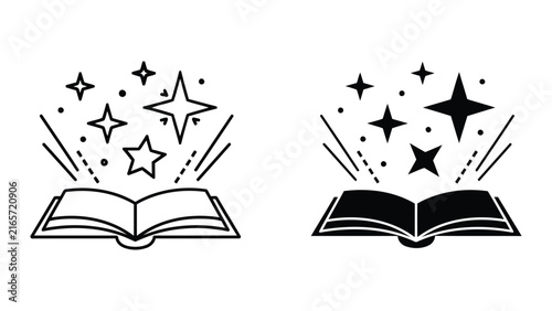 Open book with magic sparkles and glowing light beams vector icon set on white background