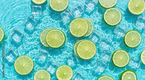 Fresh Lime Slices and Ice Cubes Floating in Rippled Blue Water, Refreshing Summer Beverage Background
