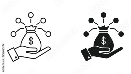 Hand holding money bag with profit distribution icon set for financial investment