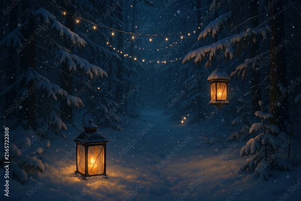 Fototapeta premium Enchanted winter forest lanterns glow.