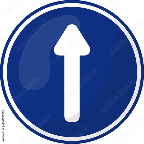 Proceed straight road sign with blue background and white arrow.