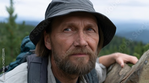 Contemplative hiker surrounded by breathtaking mountain scenery in a serene natural landscape
