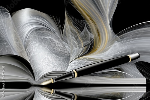 AI-generated illustration of an artist's sketchbook and ink pen, in black, white, gray and yellow