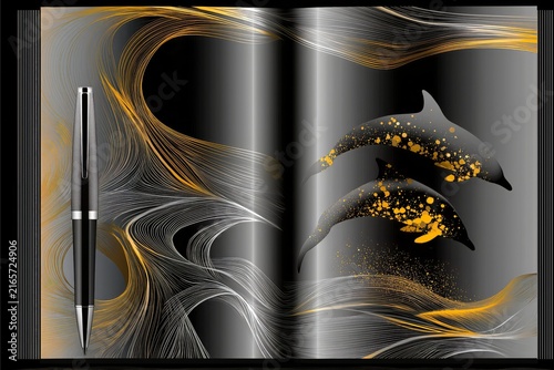 AI-generated illustration of an artist's sketchbook and ink pen, in black, white, gray and orange