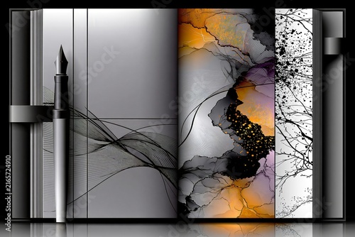 AI-generated illustration of an artist's sketchbook and ink pen, in black, white, gray and orange