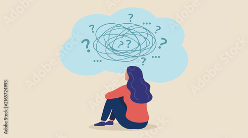 Canvastavla Confused woman with tangled thoughts and question marks in thought bubble