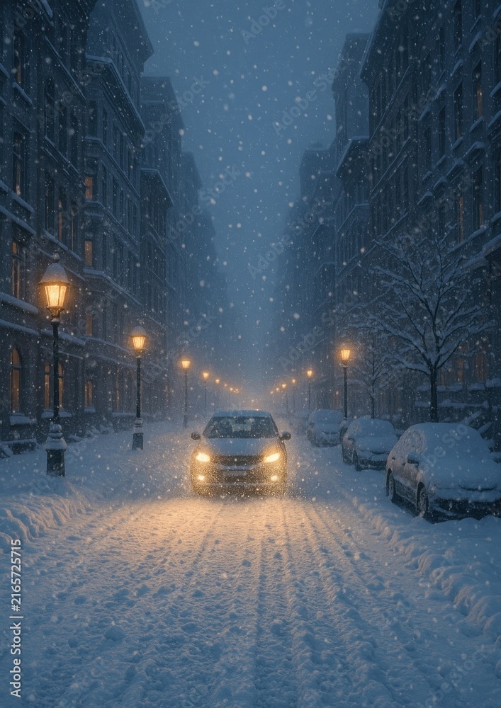 Fototapeta premium Serene snowy street scene.