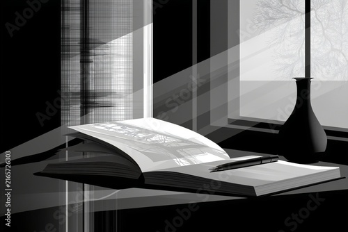 AI-generated illustration of an artist's sketchbook and ink pen, in black, white, gray