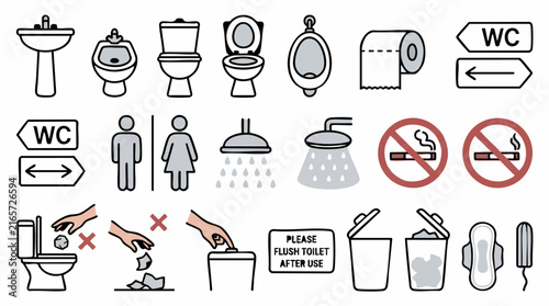 Bathroom and WC Icons Set with Hygiene Rules and Public Restroom Signs
