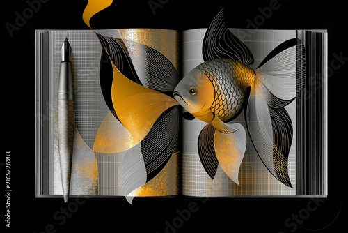 AI-generated illustration of an artist's sketchbook and ink pen, in black, white, gray and orange
