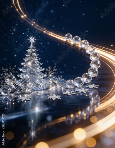 銀色のクリスマスツリーと光の軌跡が輝くネイビーの縦長冬背景