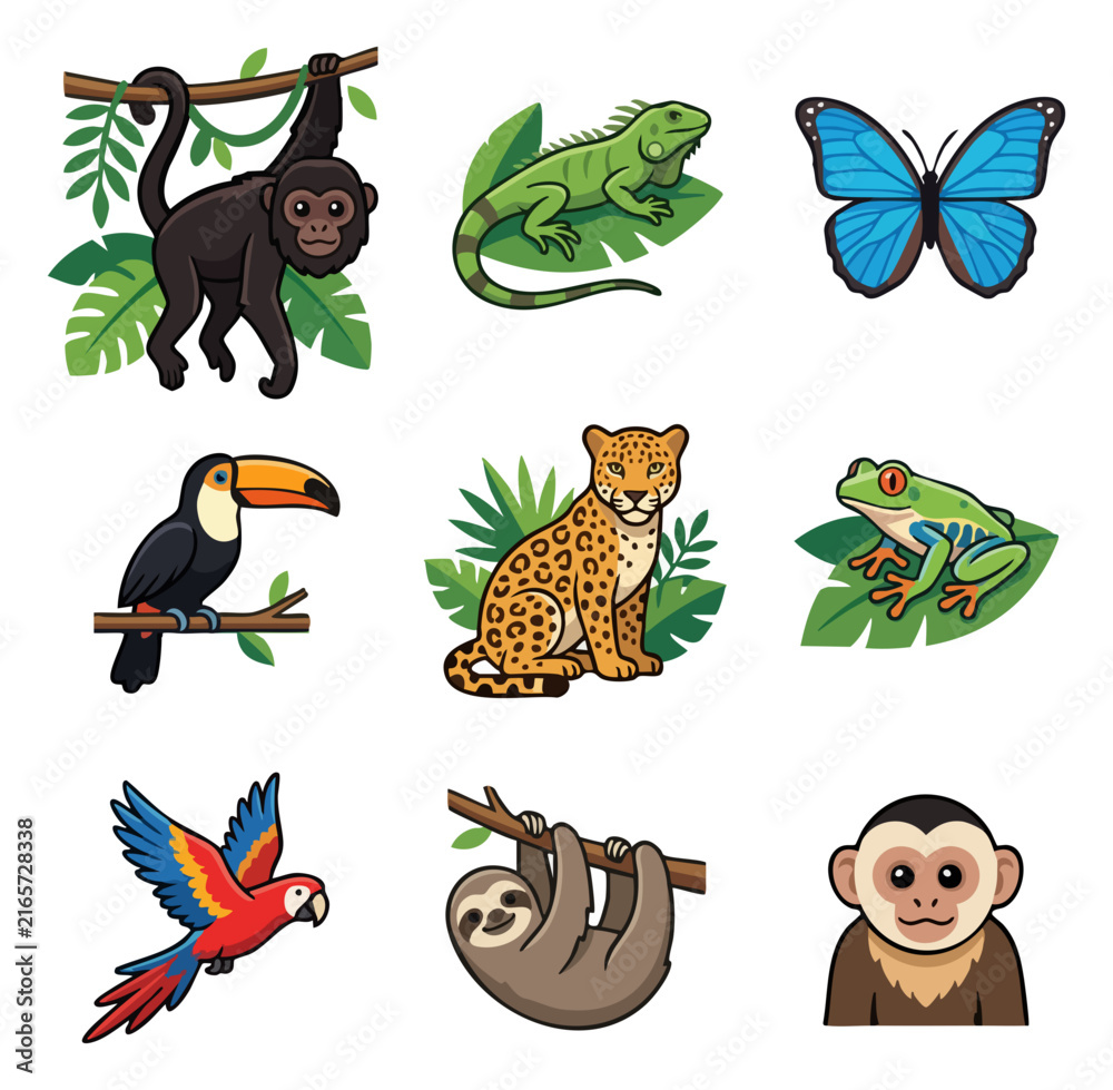 Naklejka premium Jungle wildlife collection monkey jaguar toucan parrot butterfly frog iguana sloth