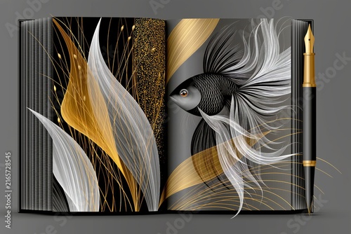 AI-generated illustration of an artist's sketchbook and ink pen, in black, white, gray and orange