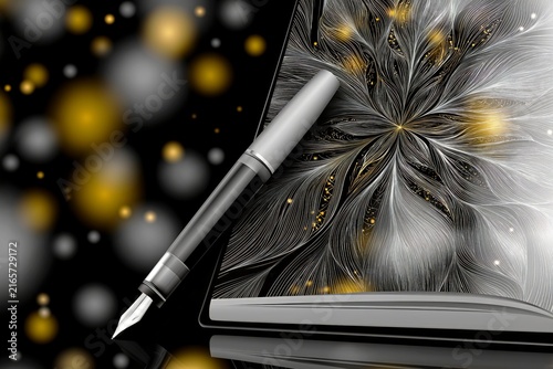 AI-generated illustration of an artist's sketchbook and ink pen, in black, white, gray and orange