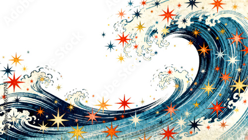 Dynamic Blue Ocean Wave with Sparkling Stars and Splash Effect