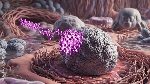Cellular Battle: A microscopic view of immune cells engaging with foreign pathogens, showcasing the body's defense mechanisms at a cellular level.