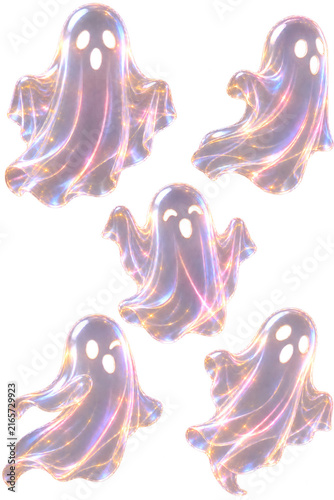 虹色に輝くかわいいゴーストキャラクター5体セット(背景透過PNG)