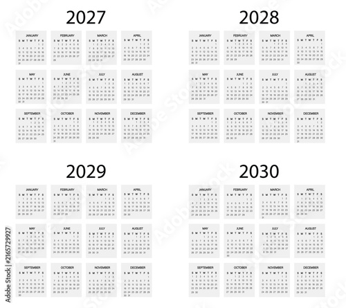 Four-year annual calendar 2027, 2028, 2029, 2030 | Clean minimal vector illustration for print | Calendar collection for web, apps, company