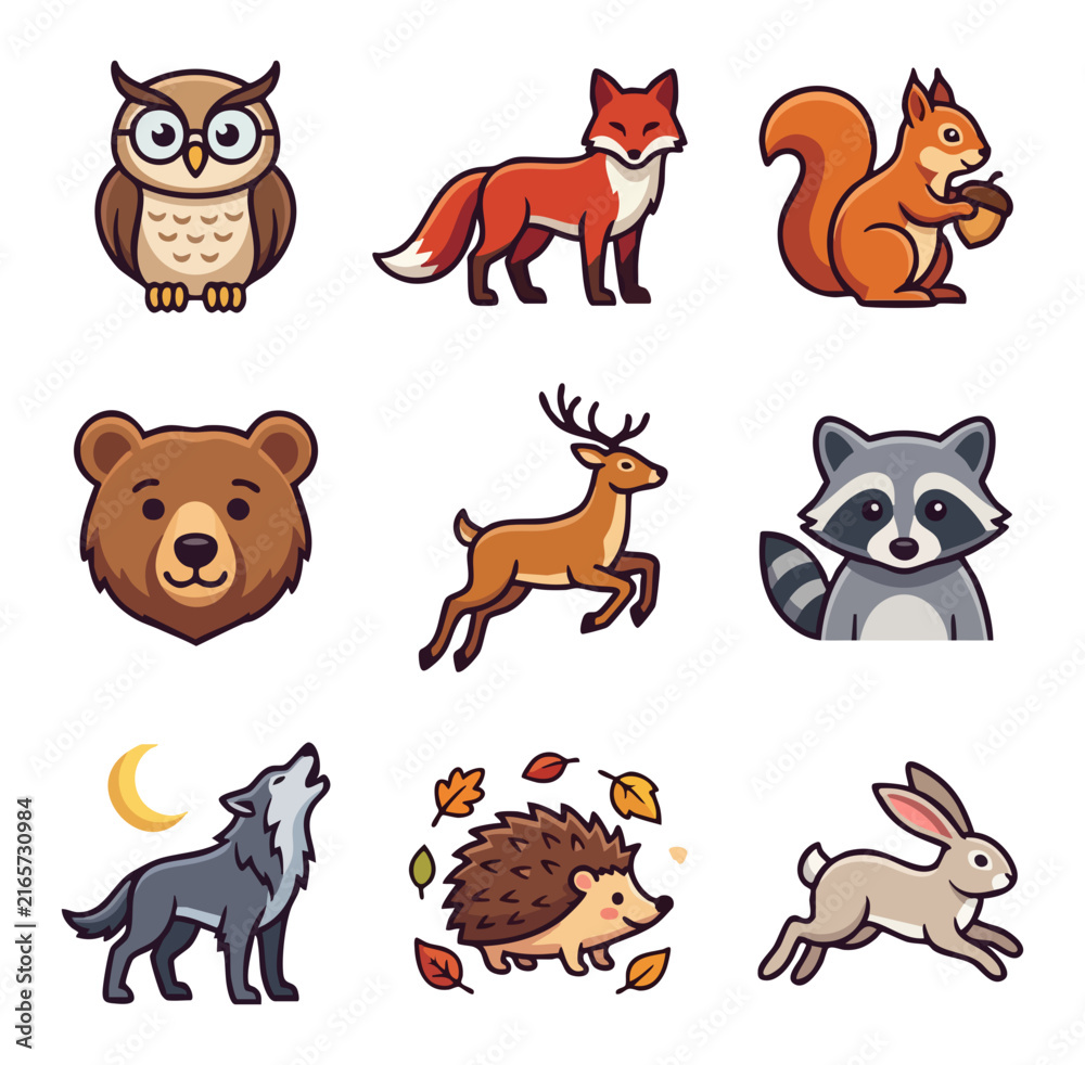Obraz premium Collection of cartoon woodland forest animals and wildlife characters
