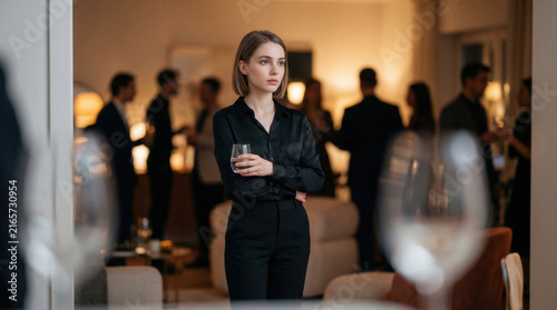 Thoughtful Woman Standing Alone at Crowded Social Event