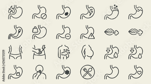 Human stomach health and digestion icons: medical symptoms set