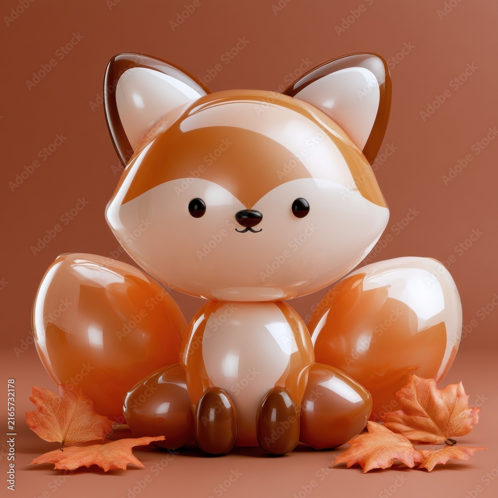 Naklejka premium A puffy balloon fox sits on a russet background surrounded by colorful autumn leaves creating a playful and cute setting.