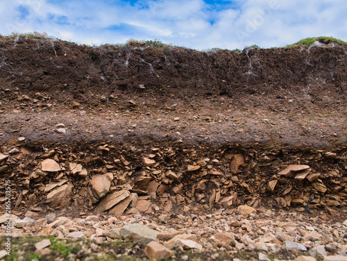 Earthy layers of topsoil subsoil and broken rock form a detailed natural geology texture on Fair Isle UK