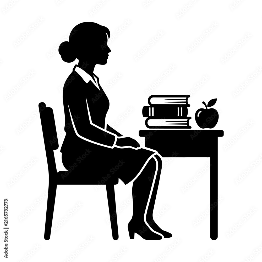 Fototapeta premium Silhouette of a female teacher sitting at a desk with books and apple