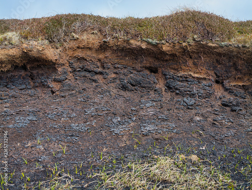 Layers of dried peat and earth exposed beneath moorland grass south of the Ward of Bressay, Shetland, UK