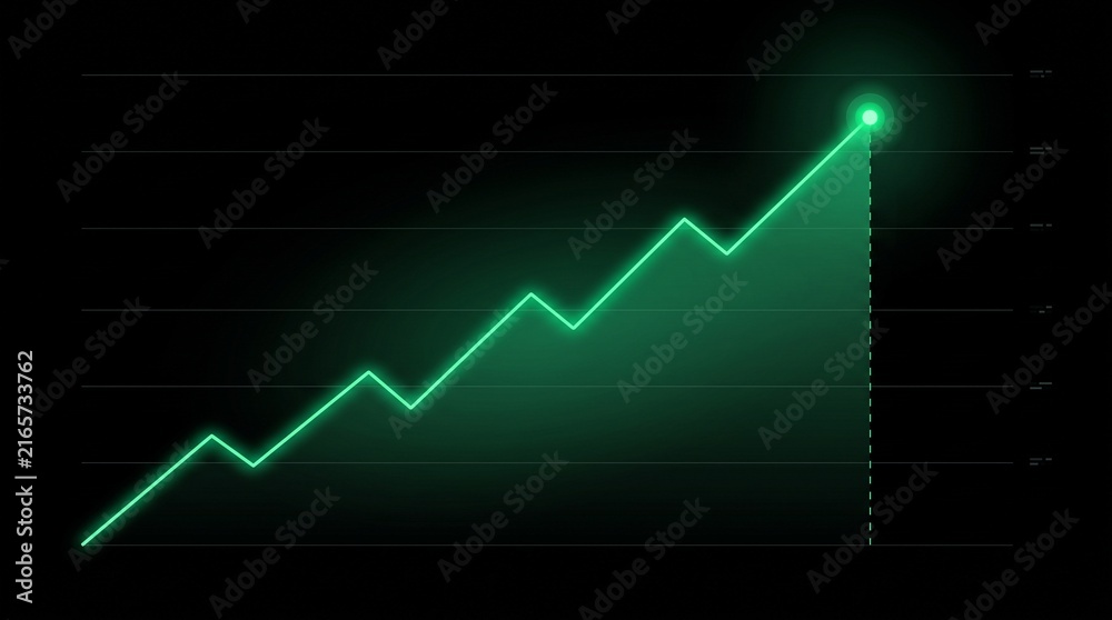 Fototapeta premium Glowing green line graph showing upward trend on black background symbolizing financial growth, stock market success, and business progress
