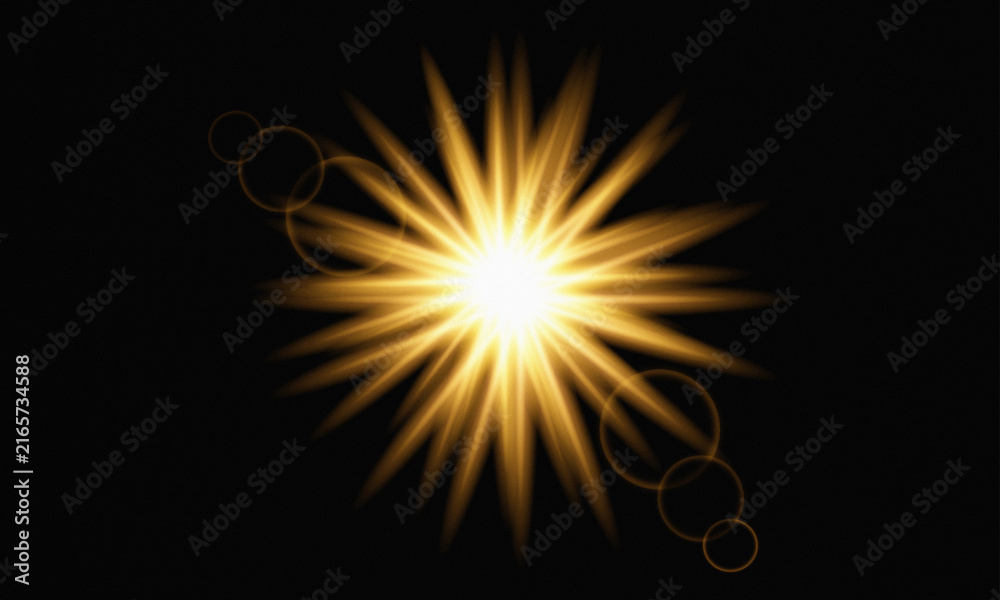 Fototapeta premium Golden sun flare with bright light rays, glowing starburst effect on black background, cinematic lens flare for overlays