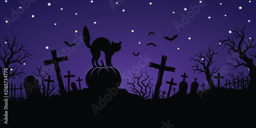 Spooky halloween graveyard silhouette with black cat and pumpkin, halloween
