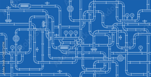 Seamless pipe and valve wallpaper on a blue background.