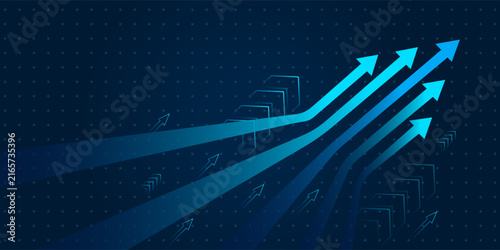 Blue business growth arrows vector background illustration, futuristic digital stock market upward arrow chart backdrop for corporate financial presentation slide, technology banner, and report header