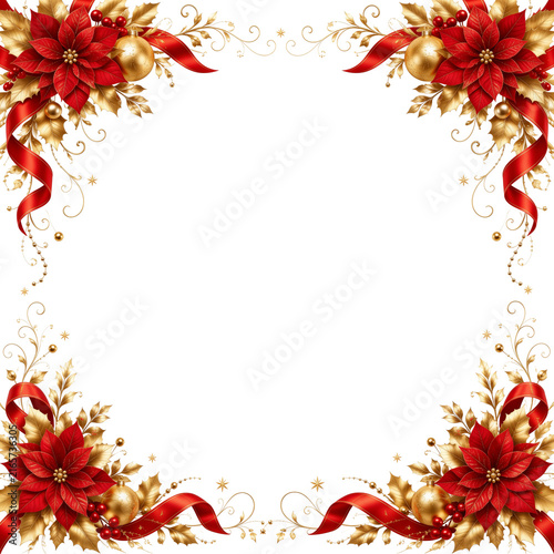 赤いポインセチアと金色リボンの正方形クリスマスフレーム(背景透過PNG)