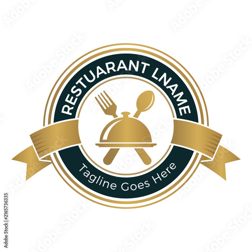 Luxury Gold Restaurant Logo Restaurant Logo Design Template with Cloche Dome, Fork, Spoon, and Gold Ribbon Badge with Food Cloche Fork and Spoon Ribbon Vector