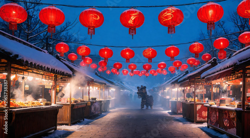 Chinese New Year temple fair street with red lanterns and food stalls at night