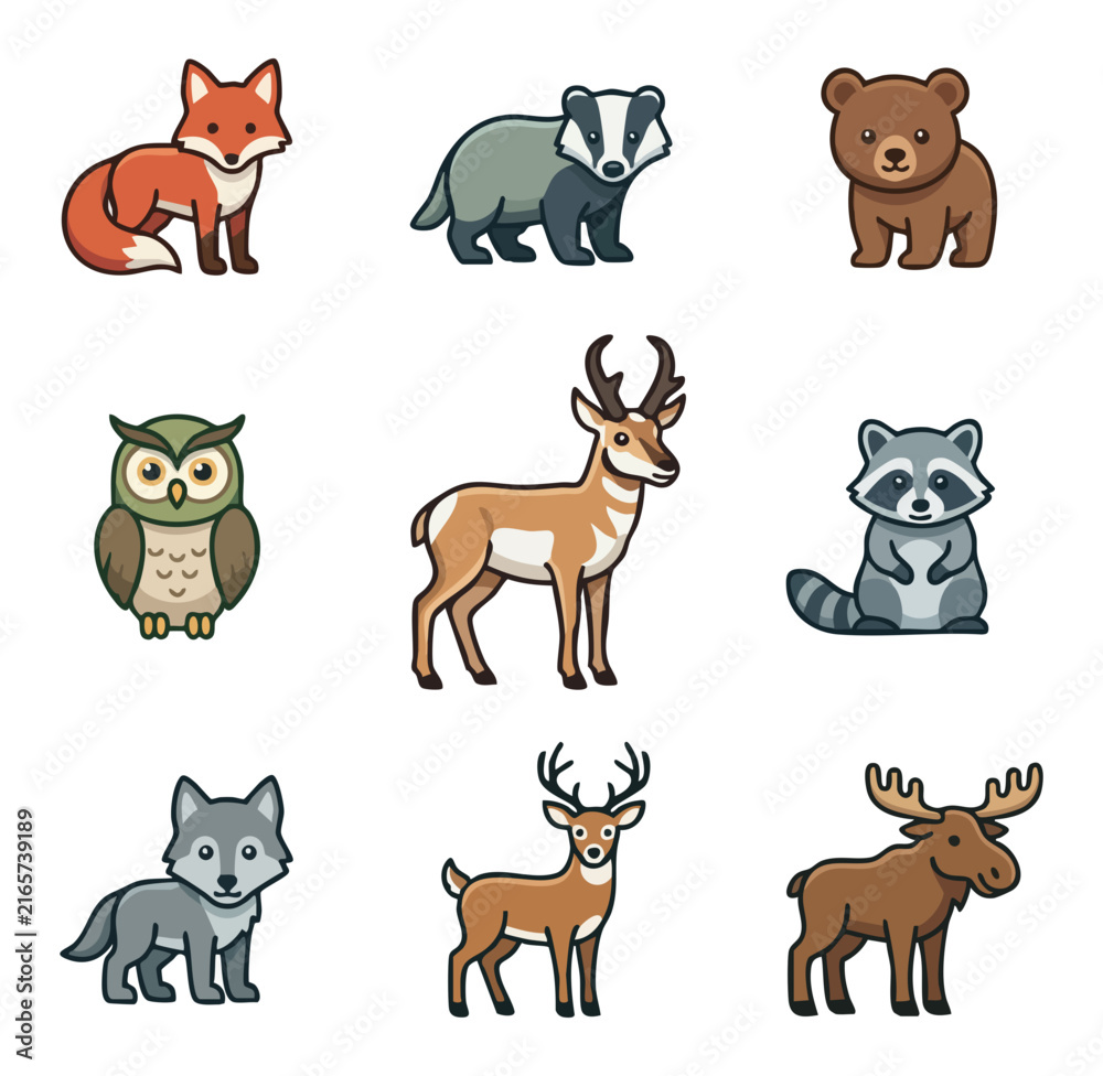 Naklejka premium Collection of woodland animal illustrations in flat design style