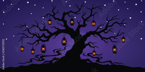 Spooky halloween tree with glowing hanging lanterns under starry night sky