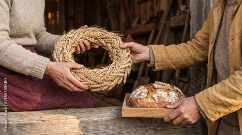 Hands receive a braided wheat wreath beside harvest bread