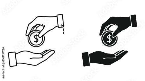 Принти на полотні Hand giving a dollar coin to another hand vector icon graphic set design