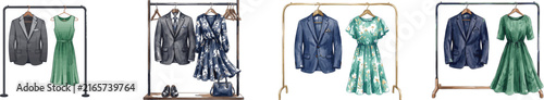 A stylish vector illustration showcasing a clothing rail with a suit jacket and a dress elegantly displayed on hangers, vector watercolor style isolated on white