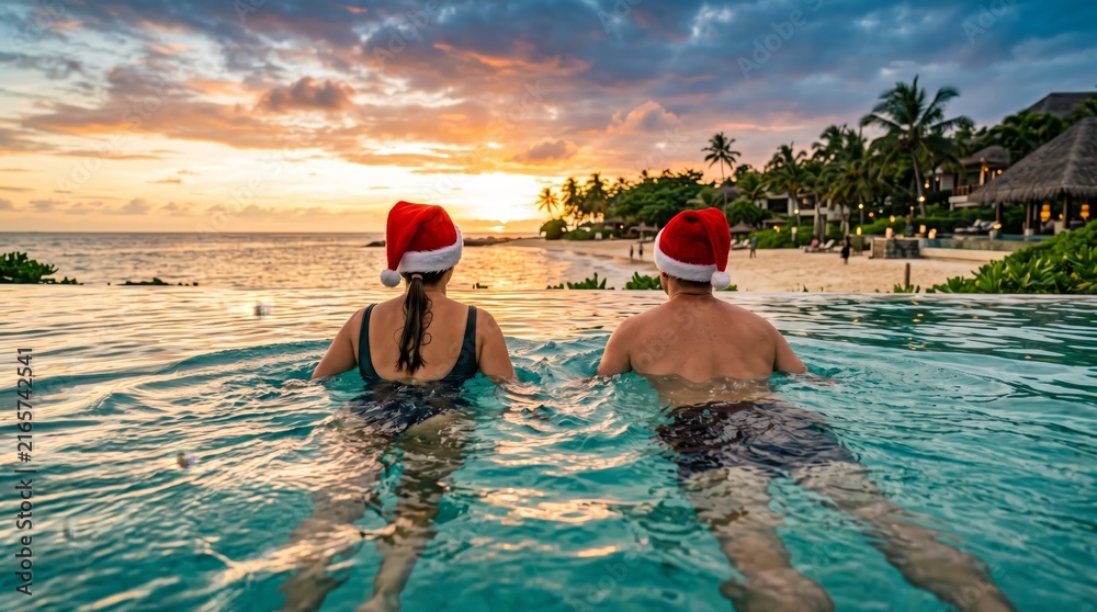 Fototapeta premium A couple in Santa hats relaxes in an infinity pool overlooking a tropical beach at sunset. Concept Christmas travel, resort advertising, holiday tourism and luxury marketing. Generative AI.