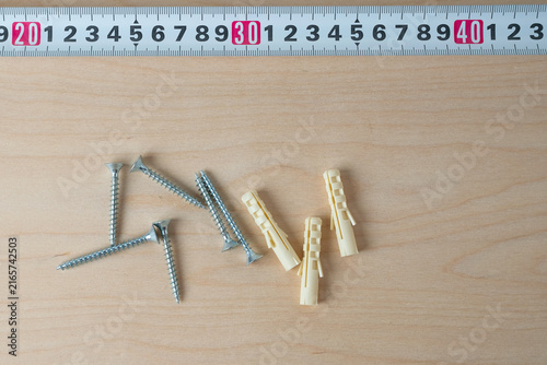 Obraz na płótnie Screws and plastic dowels with ruler on plywood