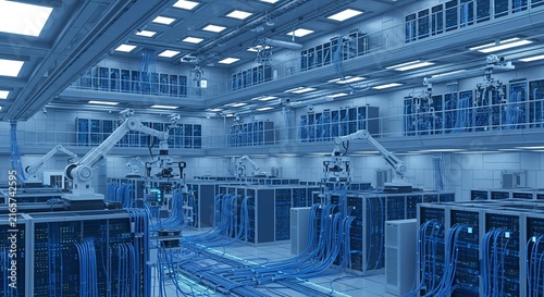 Data center interior features rows of server racks with robotic arms performing maintenance, emphasizing advanced.