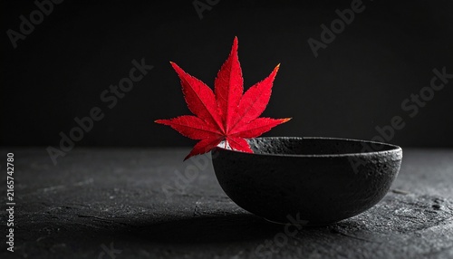 Vibrant deep red autumn maple leaf resting on a rough Bizen stoneware surface