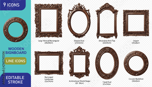 Collection of 9 ornate antique dark wooden frames and signboards, intricately carved in various shapes, ideal for vintage design projects and decorative elements.