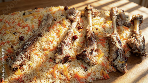Konstfotografi Lamb Pilaf with Rice, Carrots and Raisins on Wooden Table
